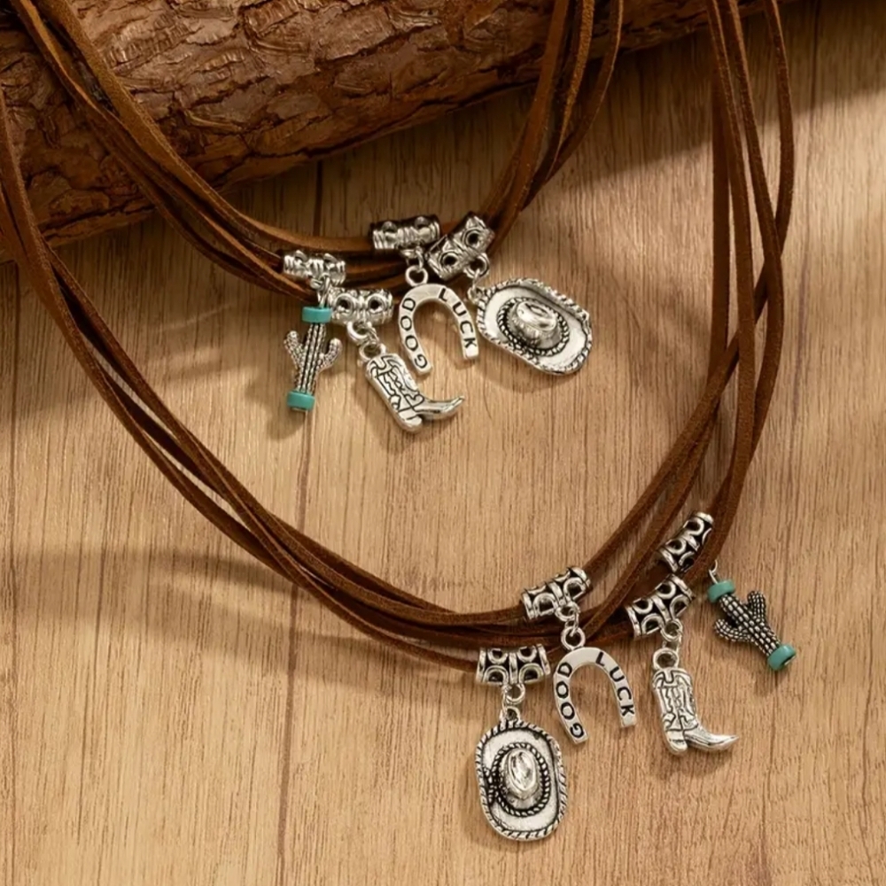 New Brown Leather Western Charm Necklace & Bracelet Set Preppy Cowgirl(#0122)